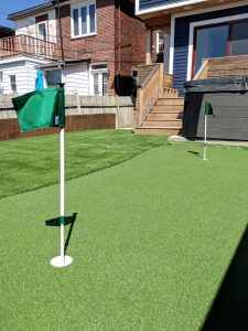 Backyard golf green with PushNPutt flags 
