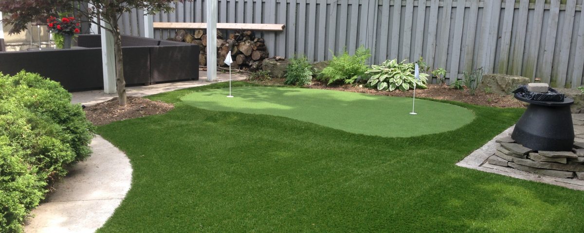 Backyard artificial grass makeover with small golf green
